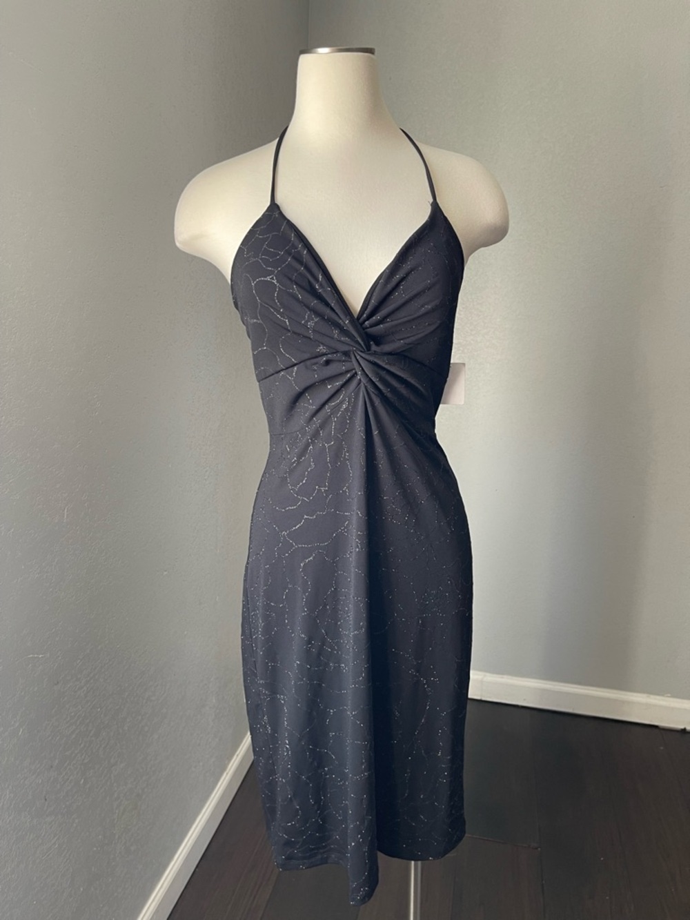 Mariposa Black Halter Twist-Front Midi Dress with Metallic Speckle